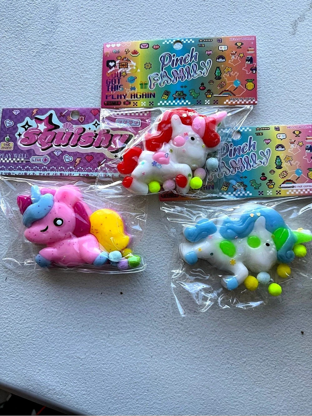 Pinch Family Unicorn Glittery Pom Mochi Squishy Set of 3